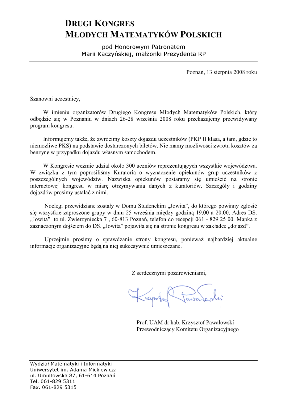 List do uczestników kongresu: